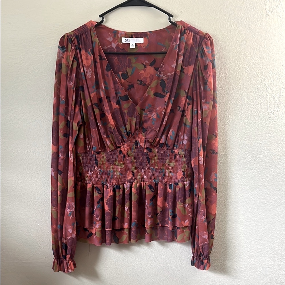 DR2 Red Ruffled Smocked Peplum Blouse